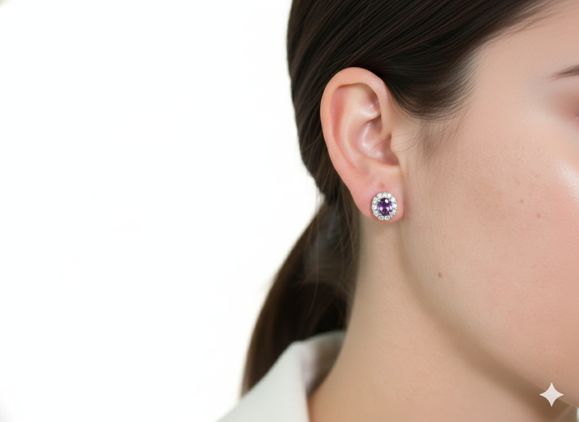 Oval Magenta Zirconia Earrings with White Zircons - Sterling Silver 925