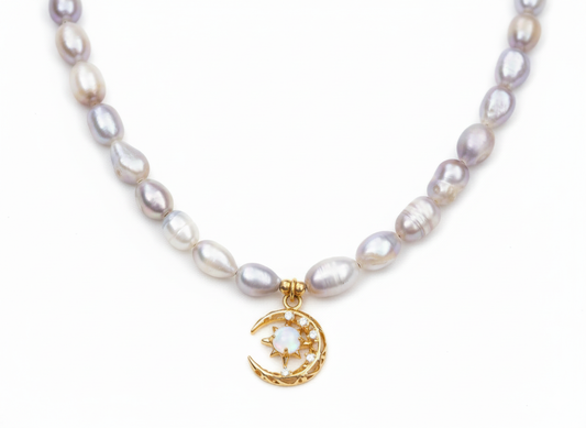 Freshwater Pearl Necklace – Purple Pearl with Stone Pendant-18K Gold-Plated