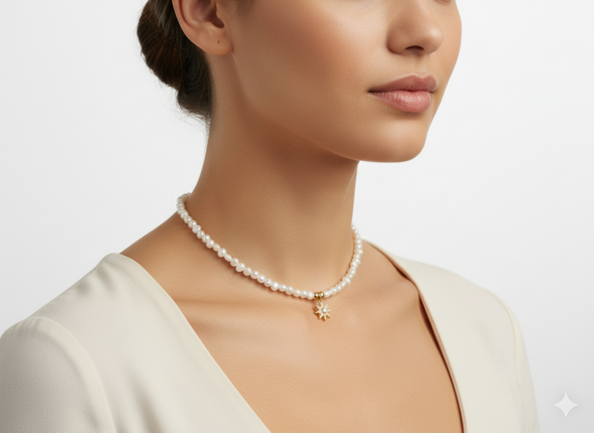 Freshwater Pearl and Star Pendant Necklace – 18K Gold Plated