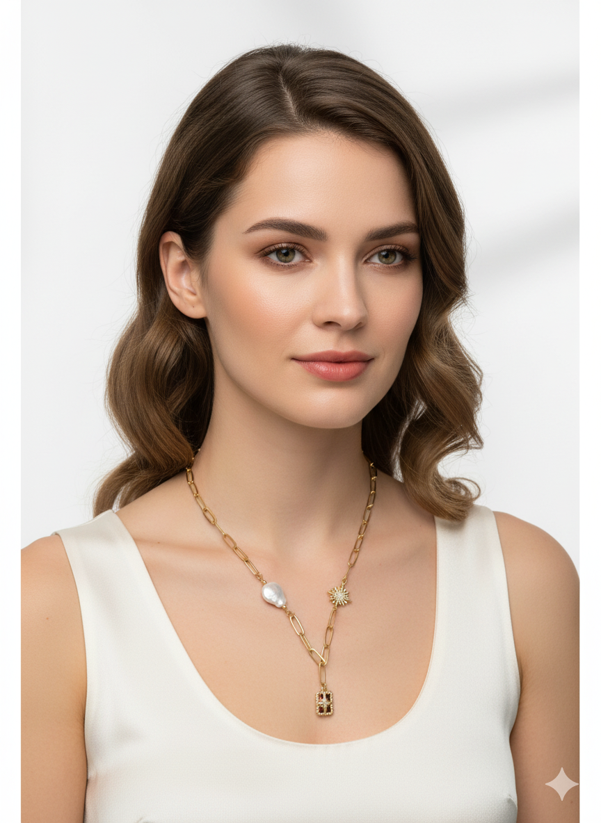 Pearl Sun & Star Necklace with Zircons | 18K Gold Plated