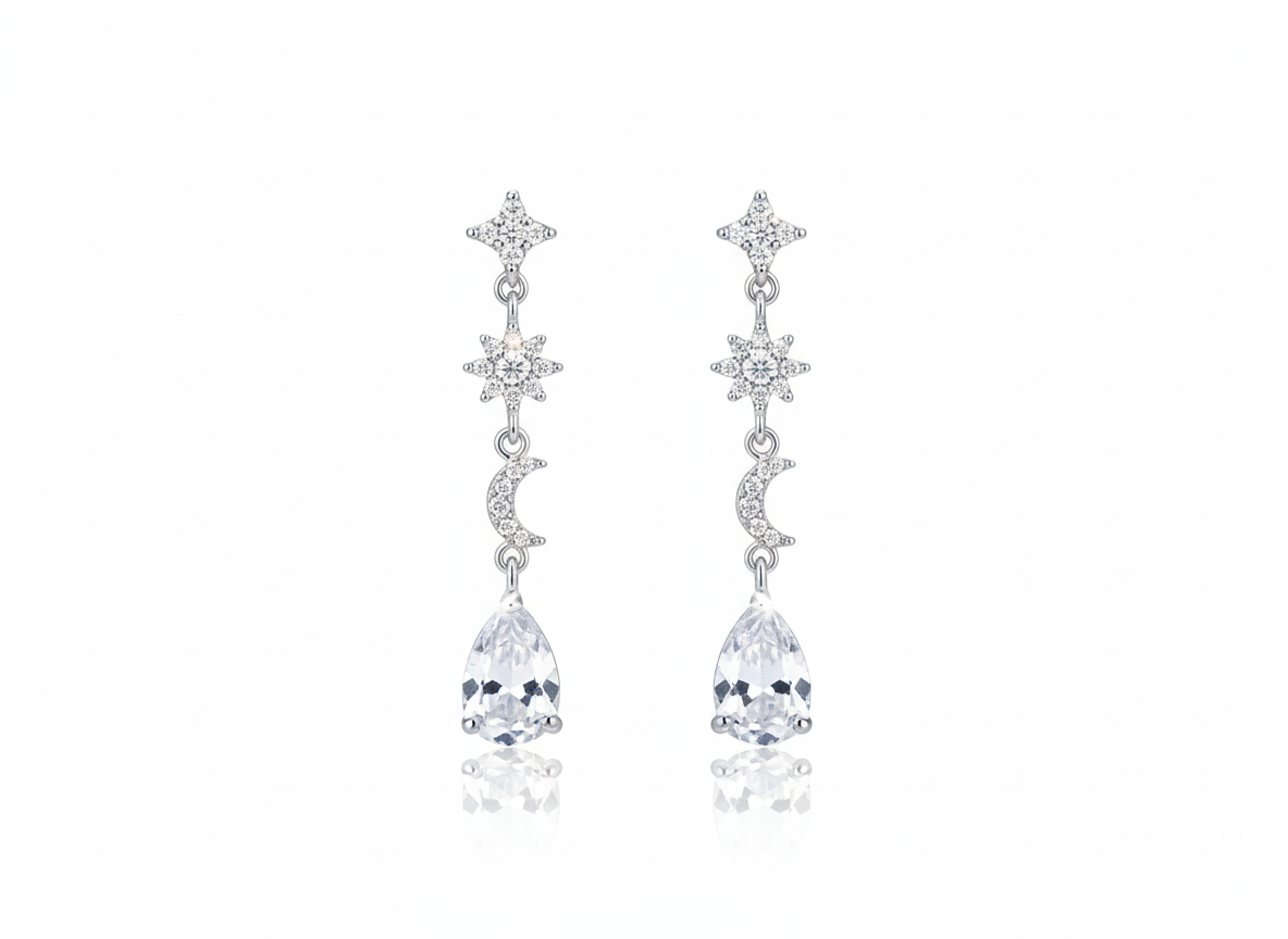 Longer Star & Noon Earrings with White Zircons - Sterling Silver 925