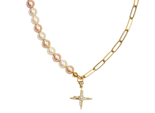 Pink Freshwater Pearl & Chain Necklace –  with Dangling Star Pendant