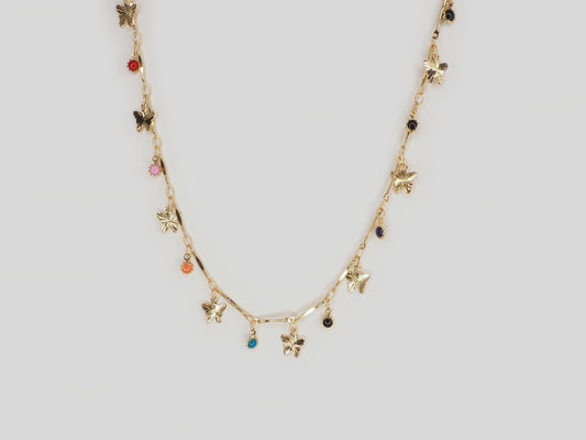 Gold plated necklace 18k. Beautiful handmade necklace with butterflies and color stones by Xatli. Gold plated necklace Canada. 18k gold plated chain. Affordable jewelry for every occasion.