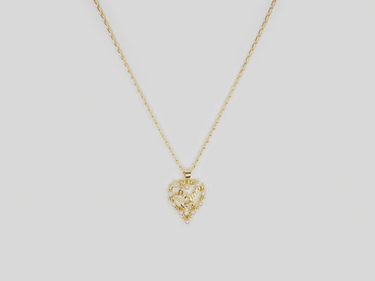 Gold plated necklace 18k. Beautiful handmade necklace with gold heart pendant with pearls and crystal butterflies by Xatli. Gold plated necklace Canada. 18k gold plated chain. Affordable jewelry for every occasion.