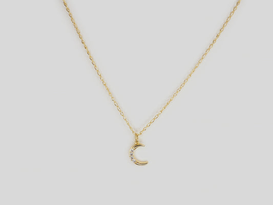 Gold plated necklace 18k with gold plated moon pendant with zircons. Beautiful handmade necklace. Gold plated chain necklace with moon pendant by Xatli. Gold plated necklace Canada. 18k gold plated chain. Affordable jewelry for every occasion.