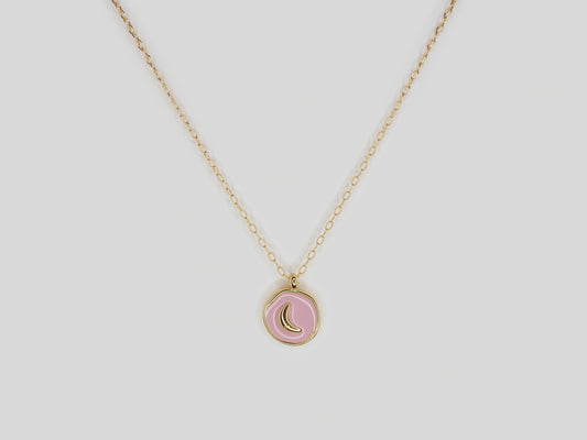 Gold plated necklace 18k with gold plated pink moon pendant with zircons. Beautiful handmade necklace. Gold plated chain necklace with moon pendant by Xatli. Gold plated necklace Canada. 18k gold plated chain. Affordable jewelry for every occasion.