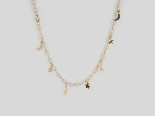 Gold plated necklace 18k with gold plated moons and stars with pearls. Beautiful handmade necklace. Gold plated chain necklace with moon and stars, and pearls by Xatli. Gold plated necklace Canada. 18k gold plated chain. Affordable jewelry for every occasion.