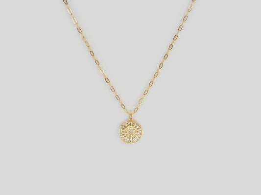 Gold plated necklace 18k. Beautiful handmade necklace with gold sun pendant with zircon by Xatli. Gold plated necklace Canada. 18k gold plated chain. Affordable jewelry for every occasion.