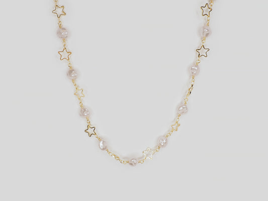 Gold plated necklace 18k. Beautiful handmade necklace with star shaped links and pearls by Xatli. Gold plated necklace Canada. 18k gold plated chain. Affordable jewelry for every occasion.