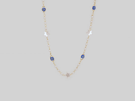 Evil eye gold plated necklace 18k with stars and natural pearls Beautiful handmade necklace. Gold plated chain necklace with Evil Eye Stones and stars by Xatli. Gold plated necklace Canada. 18k gold plated chain. Natural pearls necklace. Affordable jewelry for every occasion. Length: 18  