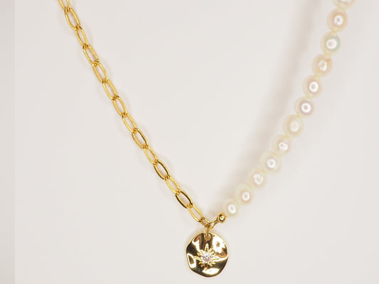 Sun Pearl & Gold Hybrid Necklace – 18k Gold Plated Chain with Freshwater Pearls