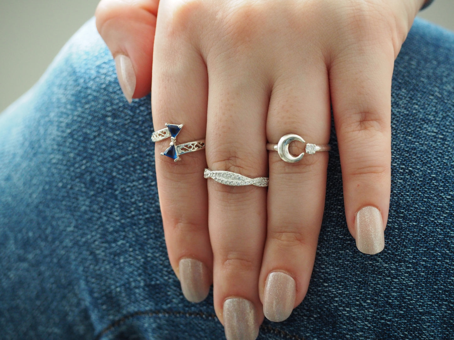 Beautiful Moon Ring with White Zircons in Sterling Silver 925