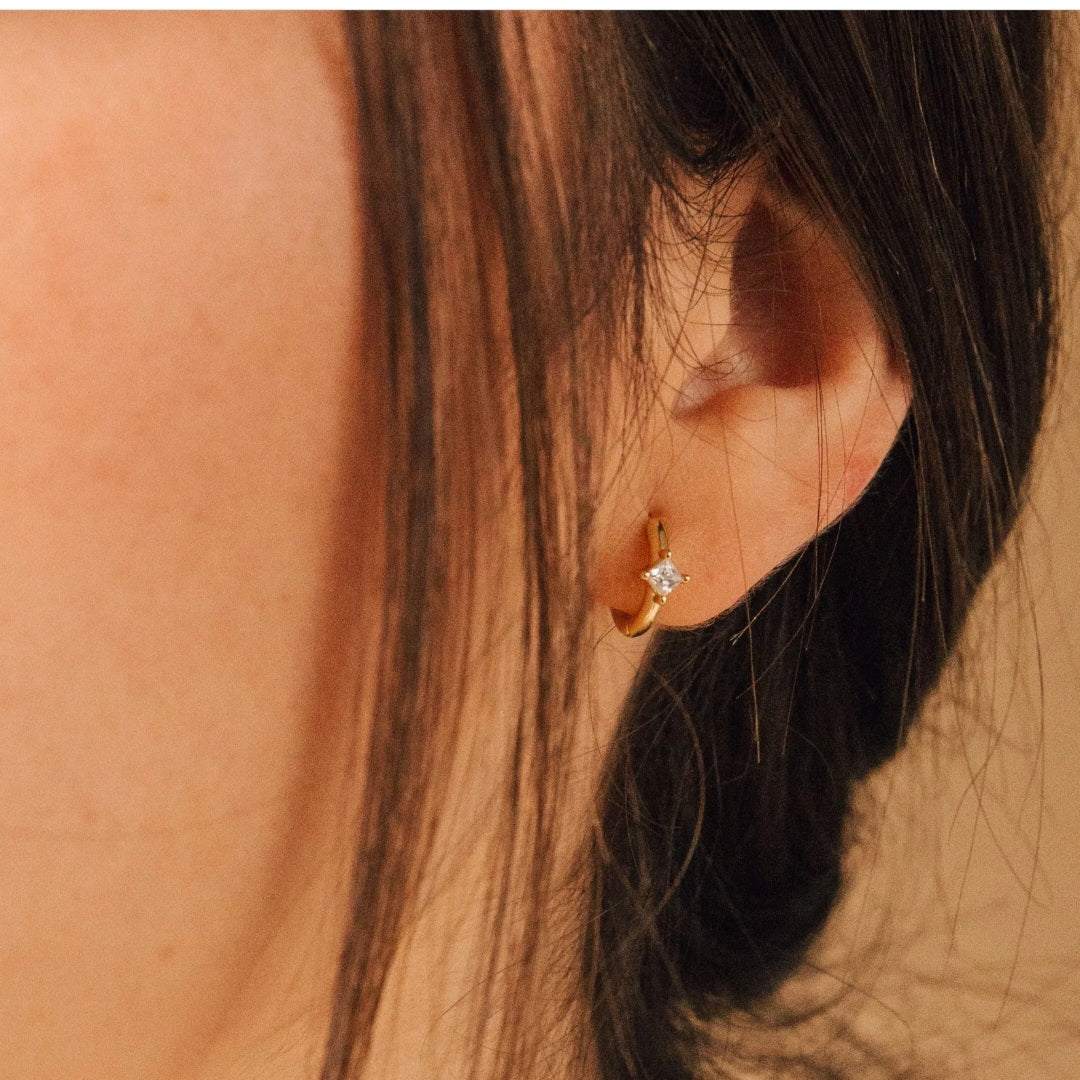 Small Huggies Diamond Zirconia Earrings Gold Plated 18k