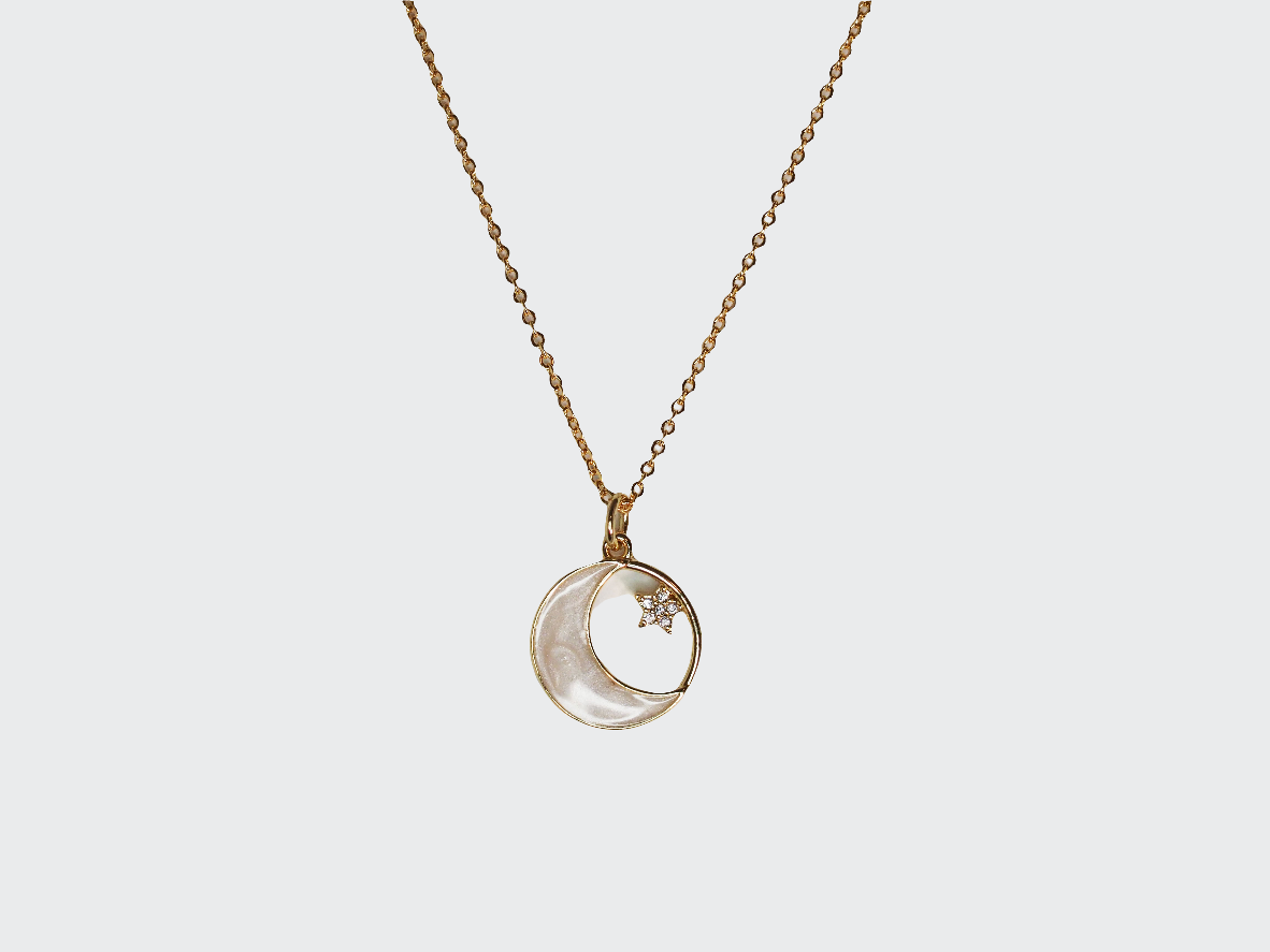 Moon, Star & Mother Pearl Necklace with Zircons 18k Gold Plated