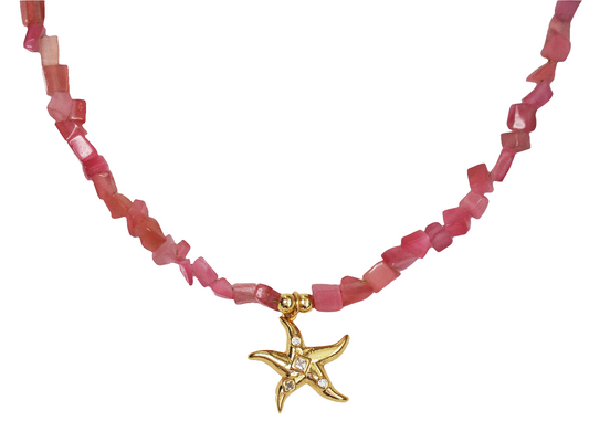 Pink Quartz Necklace with Starfish Pendant – 18K Gold Plated