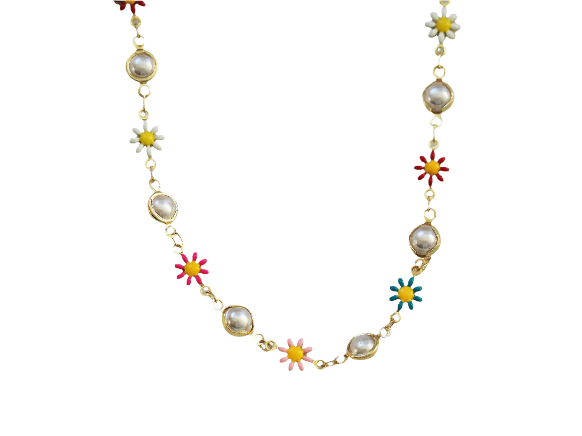 Flower of Colors Necklace with Pearls 18k Gold Plated