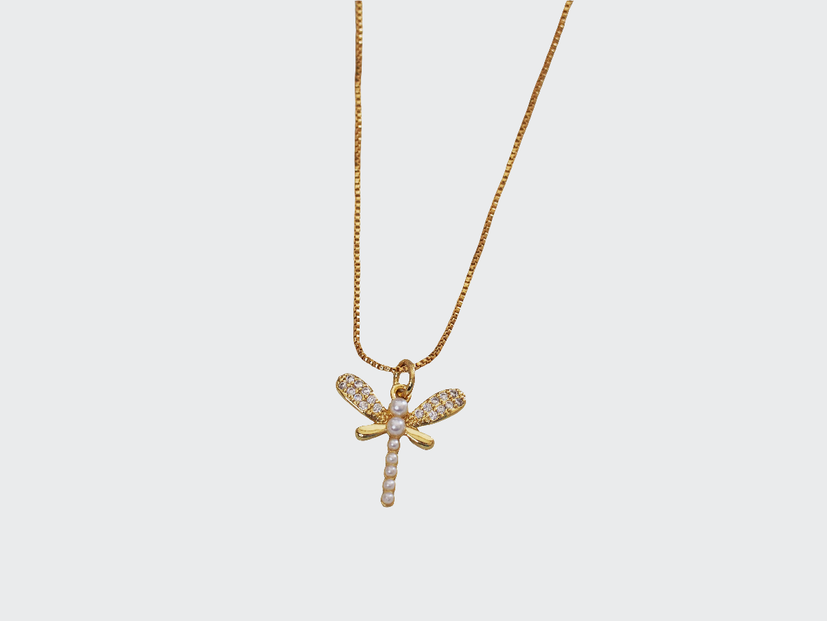 Dragonfly Necklace with Pearls 18k Gold Plated