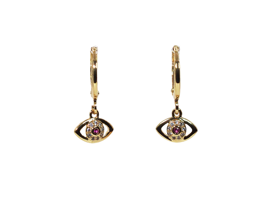 Huggies Pink Evil Eye Earrings - Gold Plated 18k