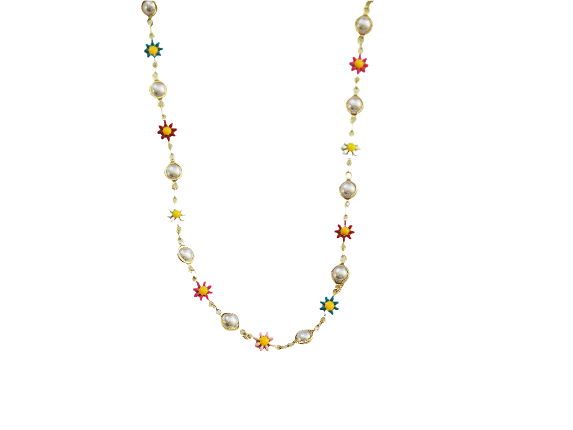 Flower of Colors Necklace with Pearls 18k Gold Plated