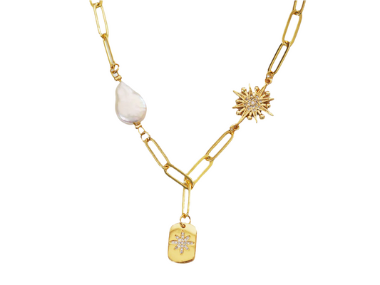 Pearl Sun & Star Necklace with Zircons | 18K Gold Plated