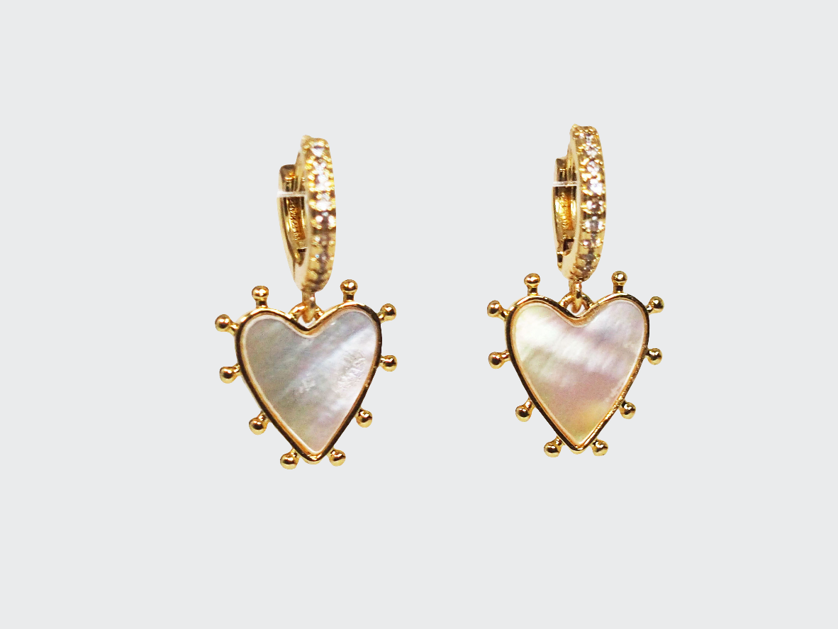 18k Gold Plated Heart Huggies Mother of Pearl & Zirconia