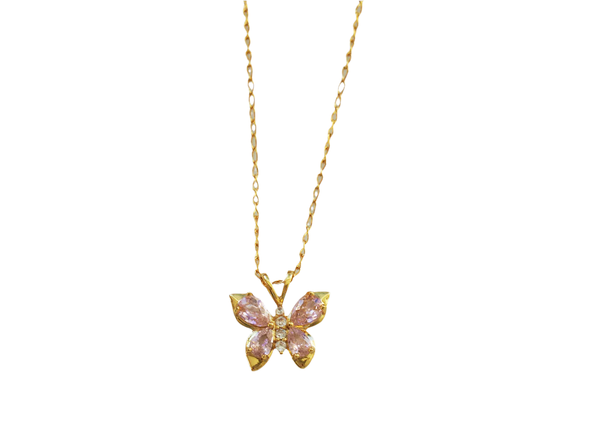 Pink Butterfly Necklace 18k Gold Plated with Zirconia