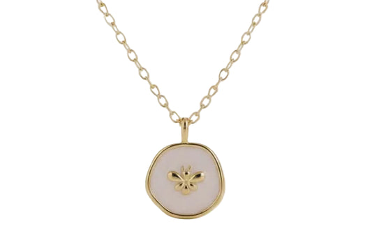 Butterfly White Circle Pendant Necklace  – 18K Gold Plated