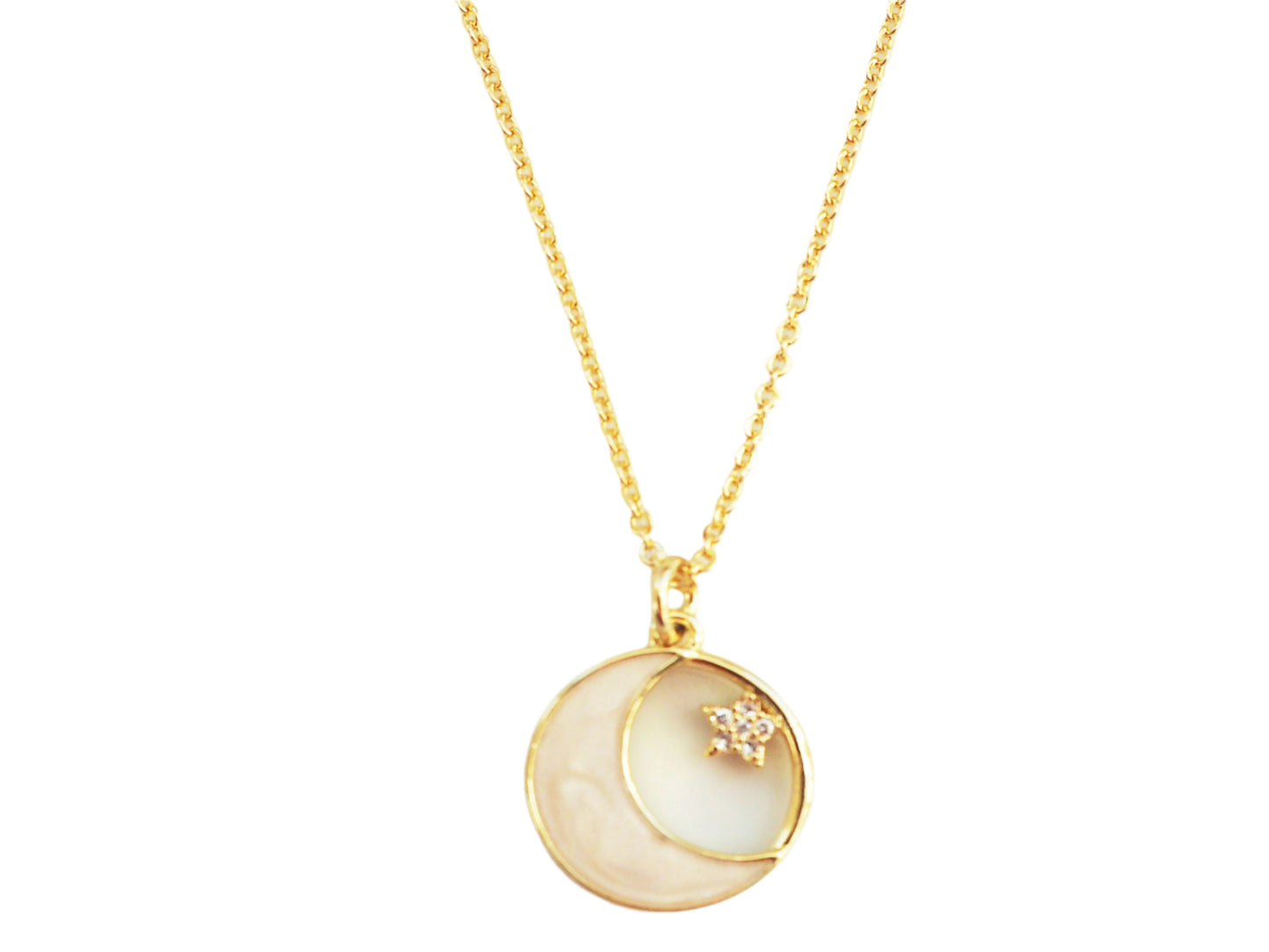 Moon, Star & Mother Pearl Necklace with Zircons 18k Gold Plated