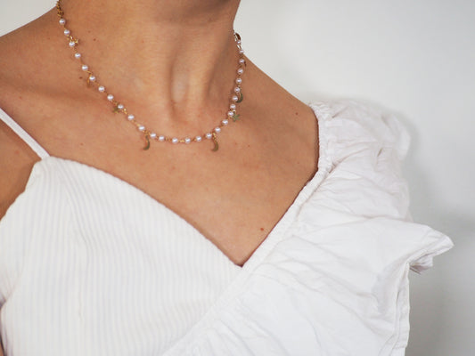 Gold Plated 18k Moons & Stars Pearls Necklace