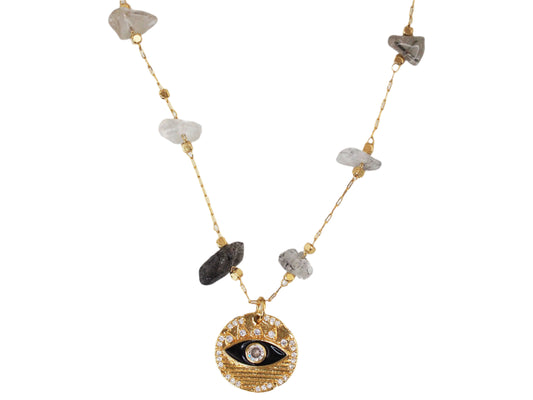 Quartz Necklace with Black Evil Eye Pendant 18K Gold Plated