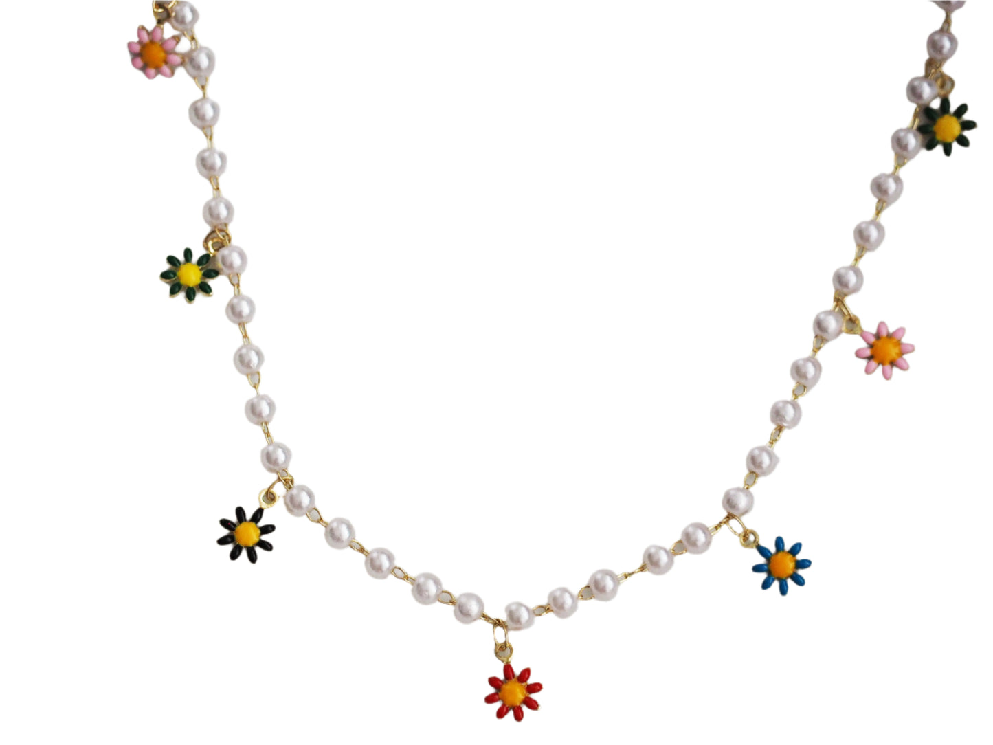 Pearl & Colorful Flower Drop Necklace – 18K Gold Plated