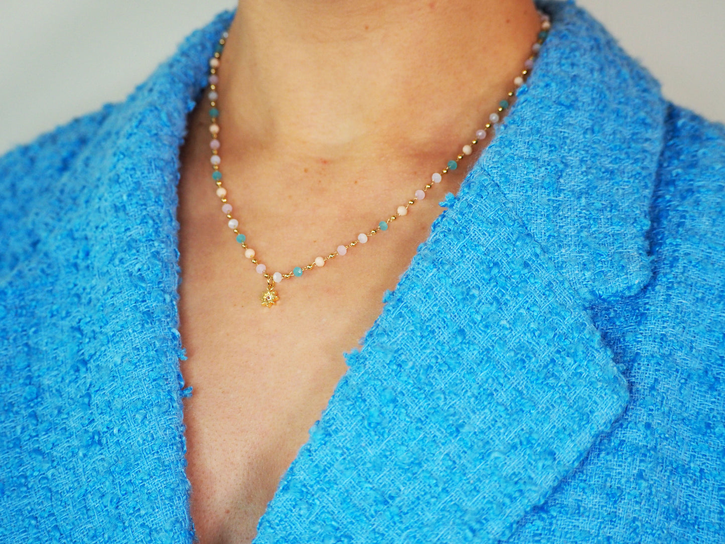 Crystal Soft Color Necklace with Star Pendant and Zirconia