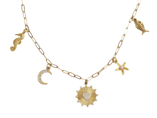 Multi-Charm Necklace – Heart, Star & Fish-18K Gold Plated