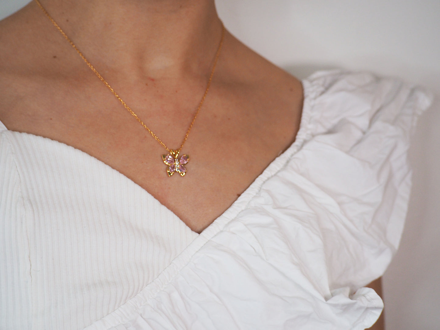 Pink Butterfly Necklace 18k Gold Plated with Zirconia