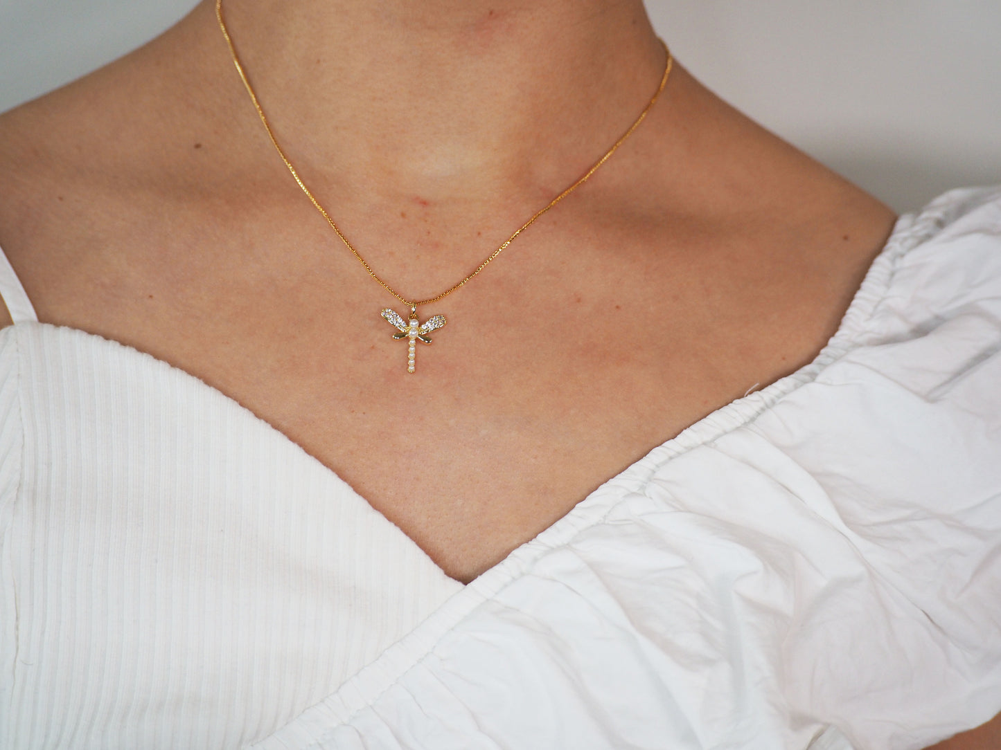 Dragonfly Necklace with Pearls 18k Gold Plated