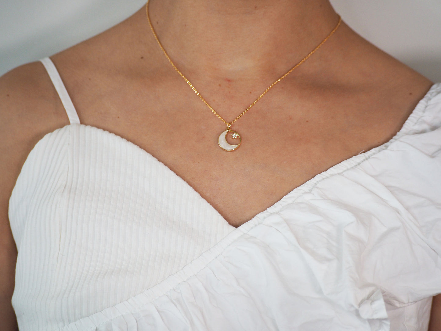 Moon, Star & Mother Pearl Necklace with Zircons 18k Gold Plated