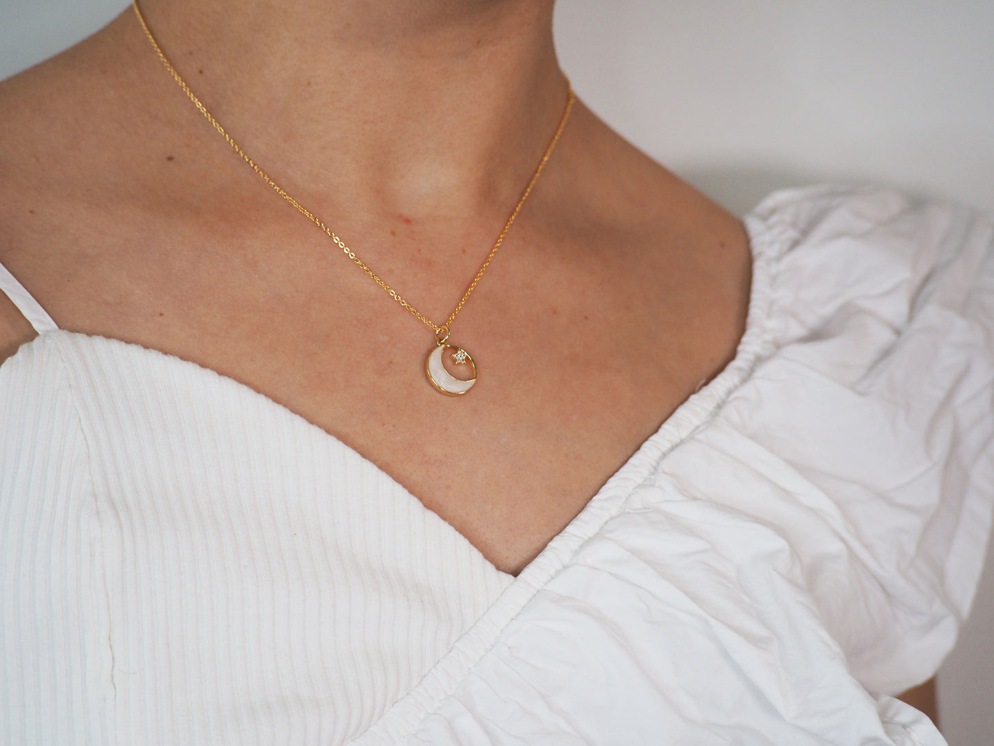 Moon, Star & Mother Pearl Necklace with Zircons 18k Gold Plated