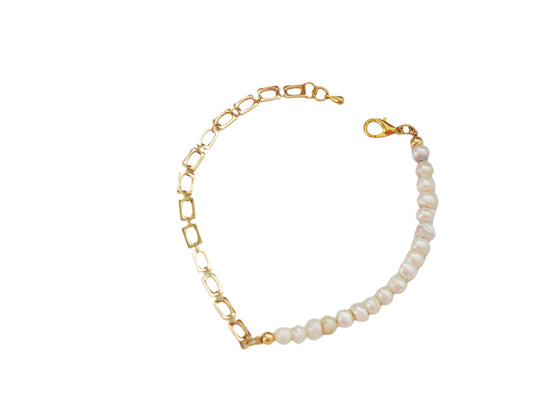 bracelet half water fresh pearl & chain-Gold plated 18k