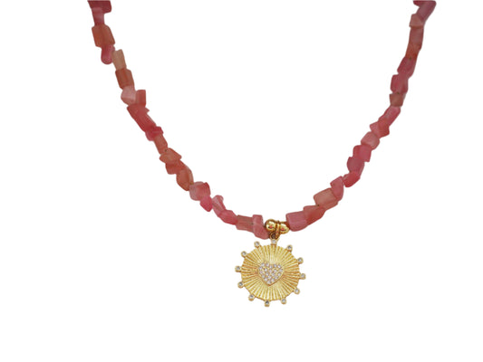 Necklace Natural Pink Stone+ Heart pendant-Gold plated 18k