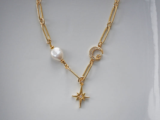 Moon Start and mother fresh pearl Necklace Gold plated 18k