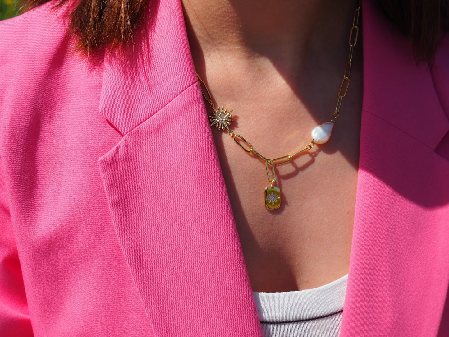 Pearl Sun & Star Necklace with Zircons | 18K Gold Plated