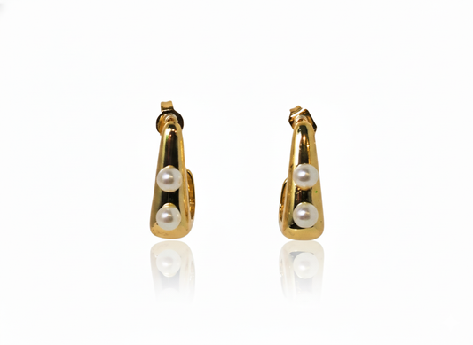Square Hoops with two pearls - 18K Gold Plated