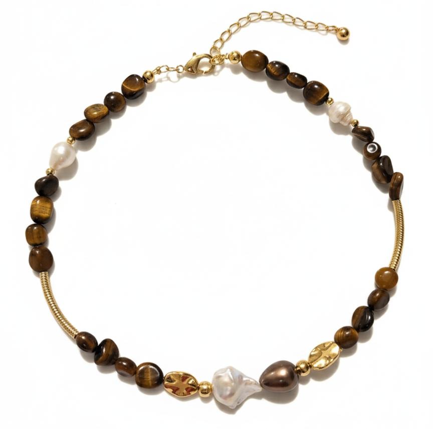 Tiger Eye & Mother of Pearl Necklace – Gold plated details.
