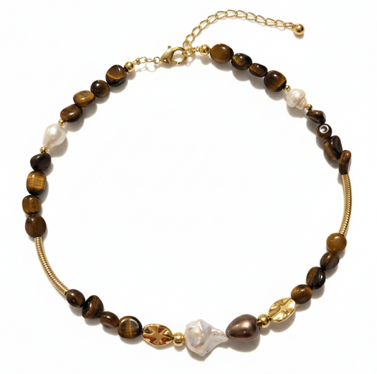 Tiger Eye & Mother of Pearl Necklace – Gold plated details.