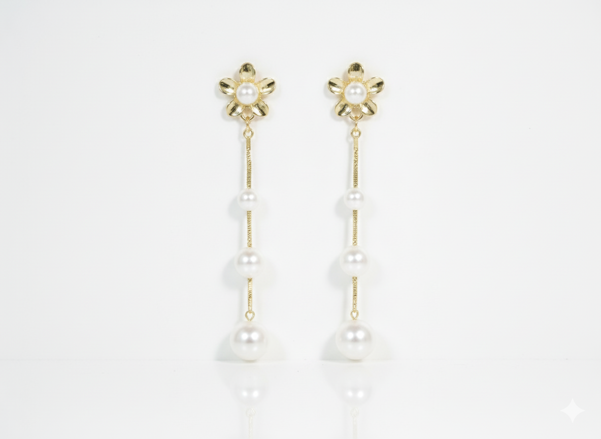 8k Gold Plated Drop Earrings with Flowers & Natural Pearls