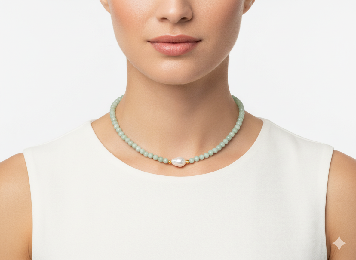Aqua Agate & Freshwater Pearl Necklace | 18K Gold Plated