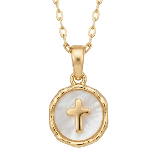 Mother of Pearl Circle Cross Necklace-18K Gold-Plated