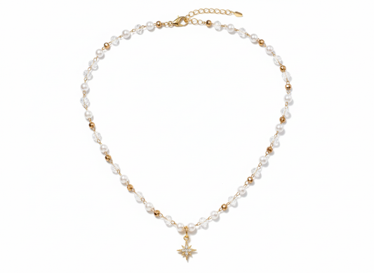Pearl Necklace with Crystal and Star Pendant 18k Gold Plated