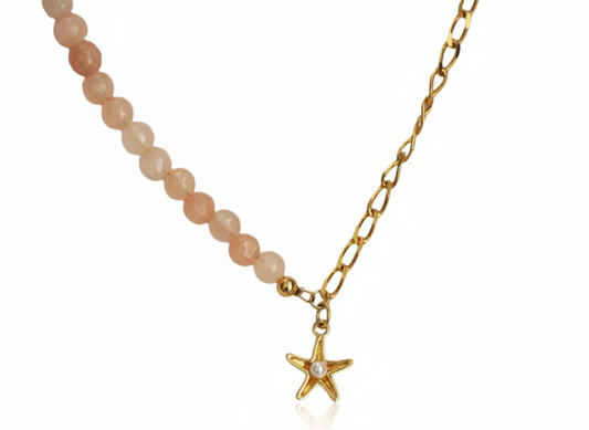 Pink Agate & Chain Necklace with Starfish Pendant – 18K Gold Plated