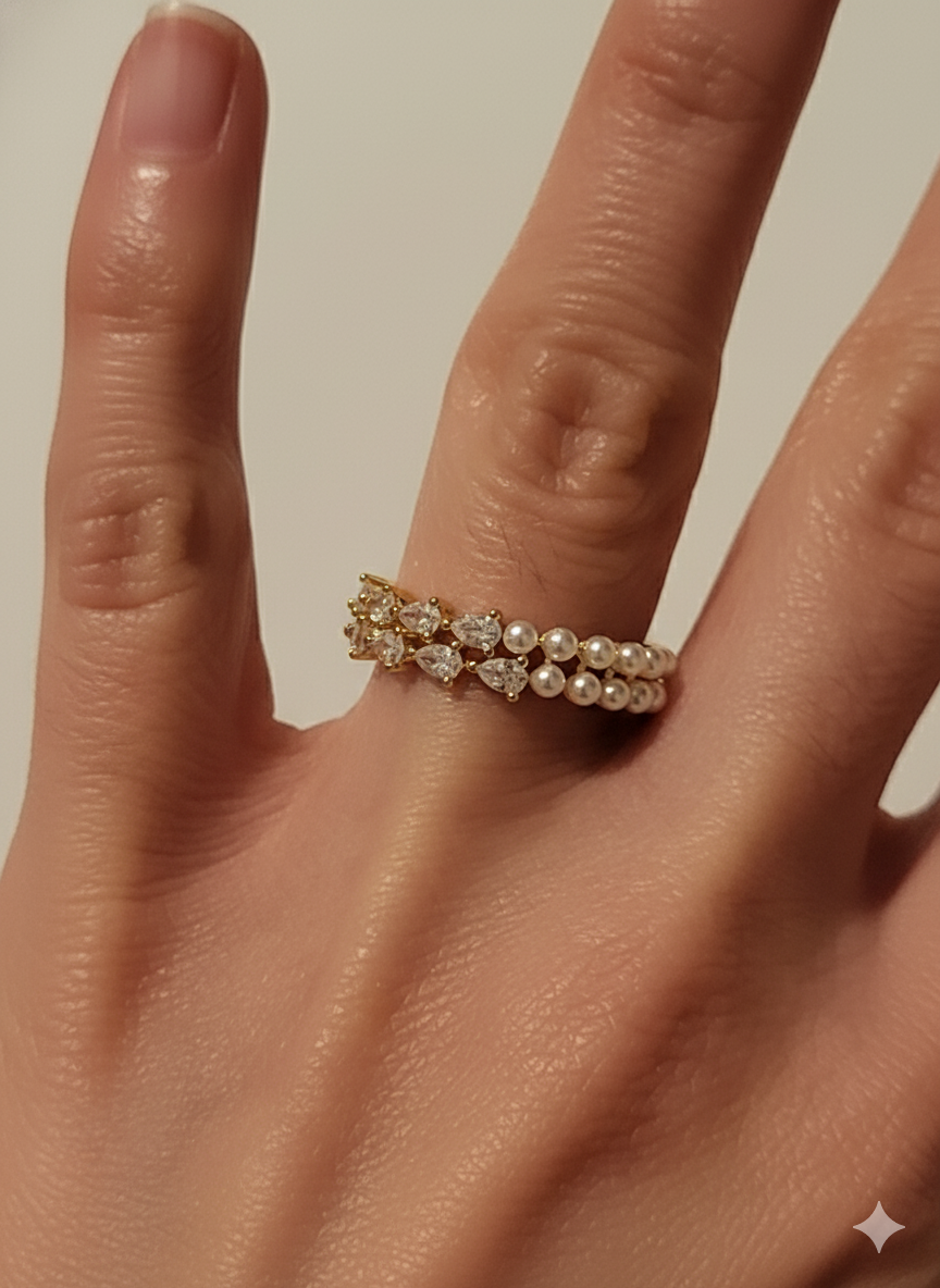 Dainty Mini Pearl & Zirconia Ring – 18K Gold-Plated Adjustable